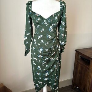 ASTR The Label Green Floral Midi Dress NWT Small Puff Sleeve